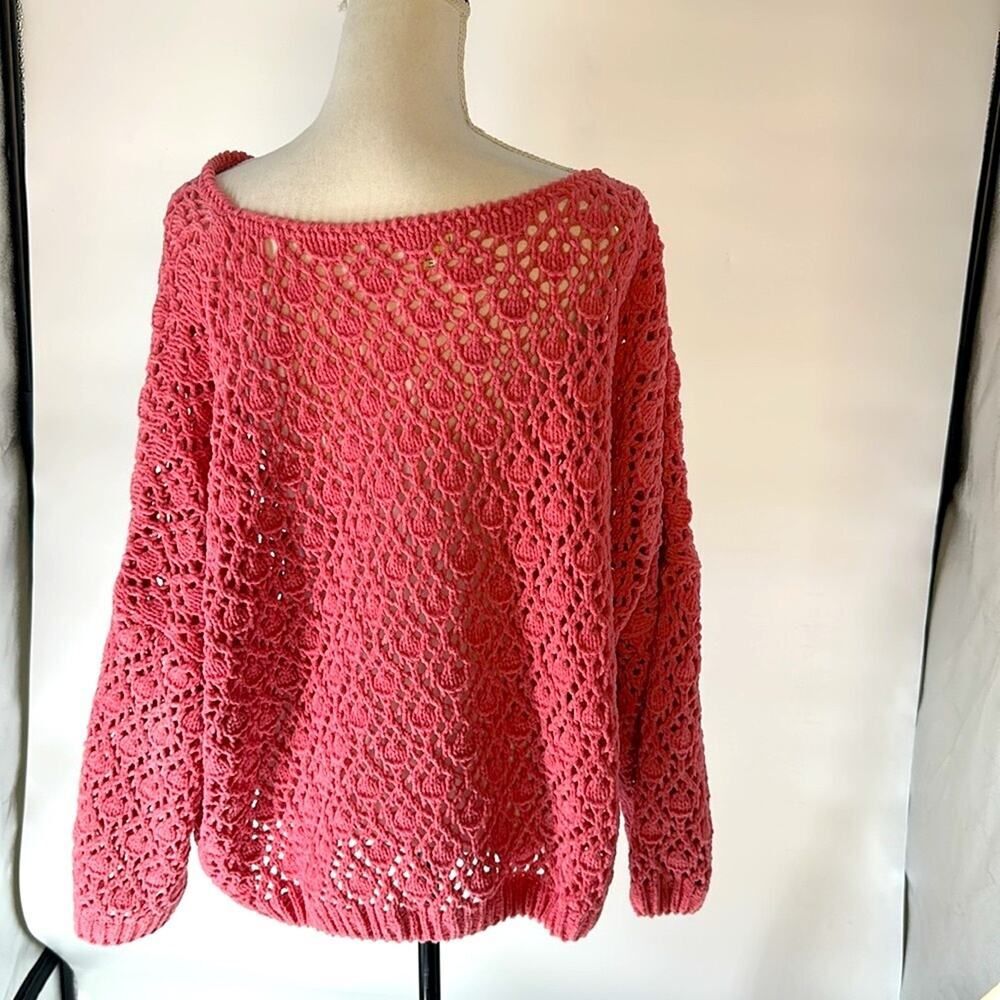 POL Pink Crew Neck Sweater with Open Knit Texture and Relaxed Fit M See Video
